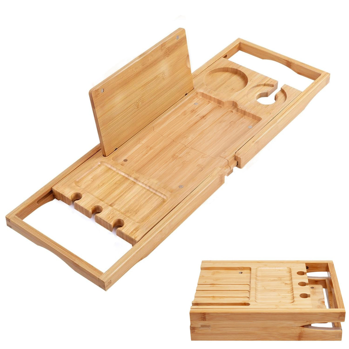 Utoplike bamboo bathtub caddy at the tub edge for a stable bath setup