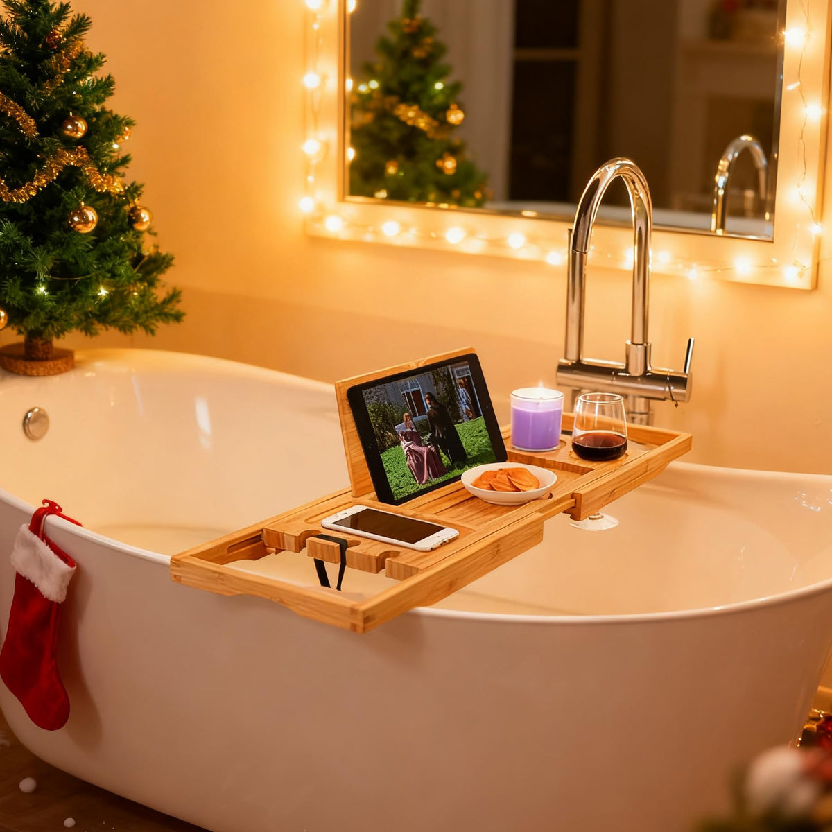 Utoplike bamboo tablet holder keeps your device safe during bath
