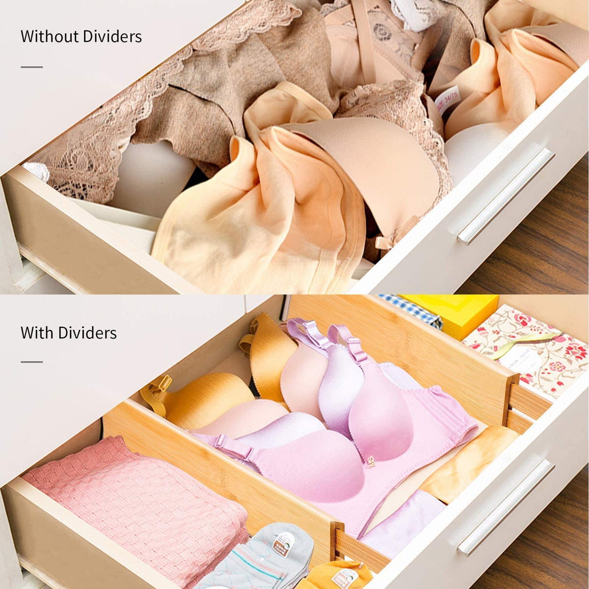 Utoplike non-slip pads on divider ends protect drawers.