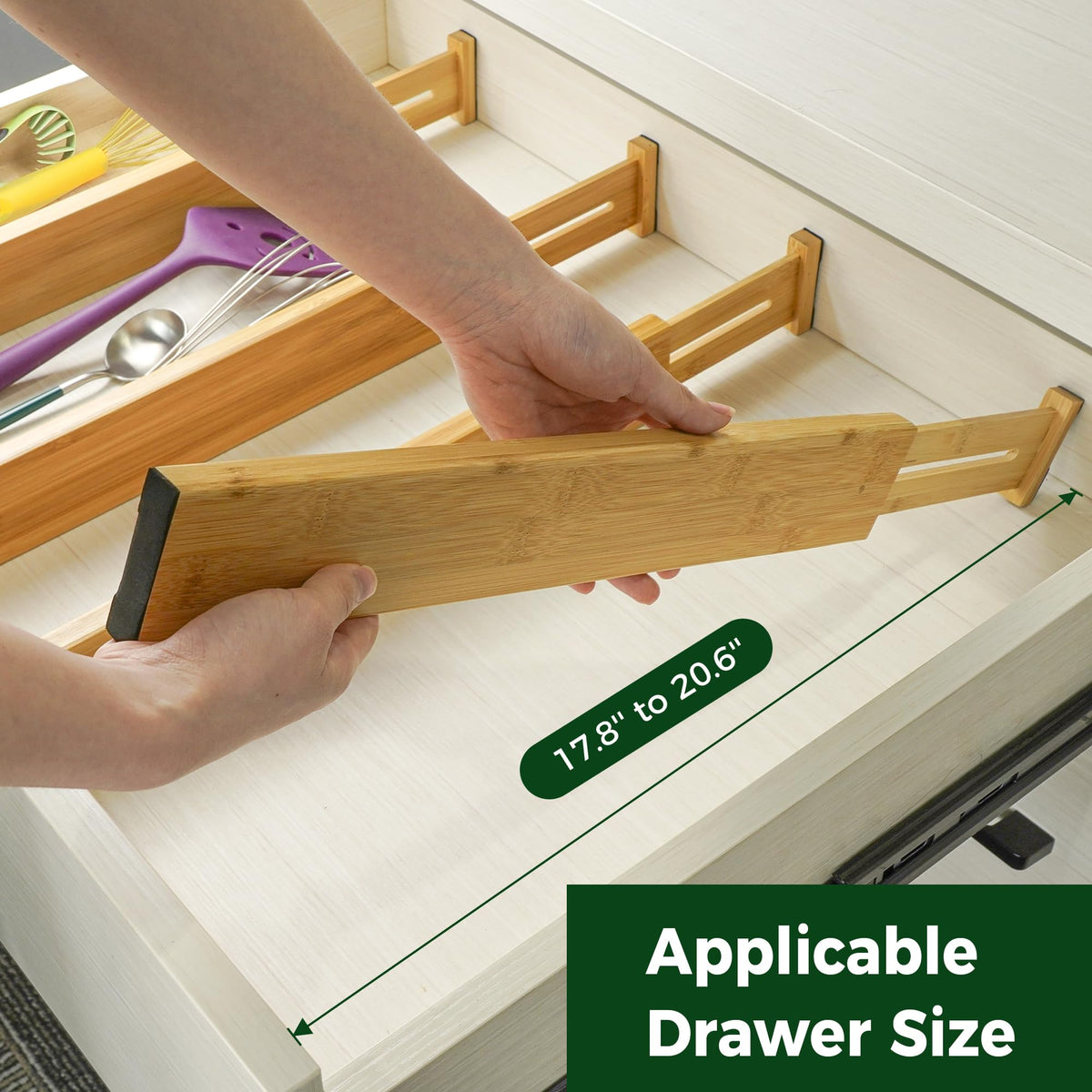 Utoplike bamboo drawer dividers in kitchen drawer showing organized cutlery.