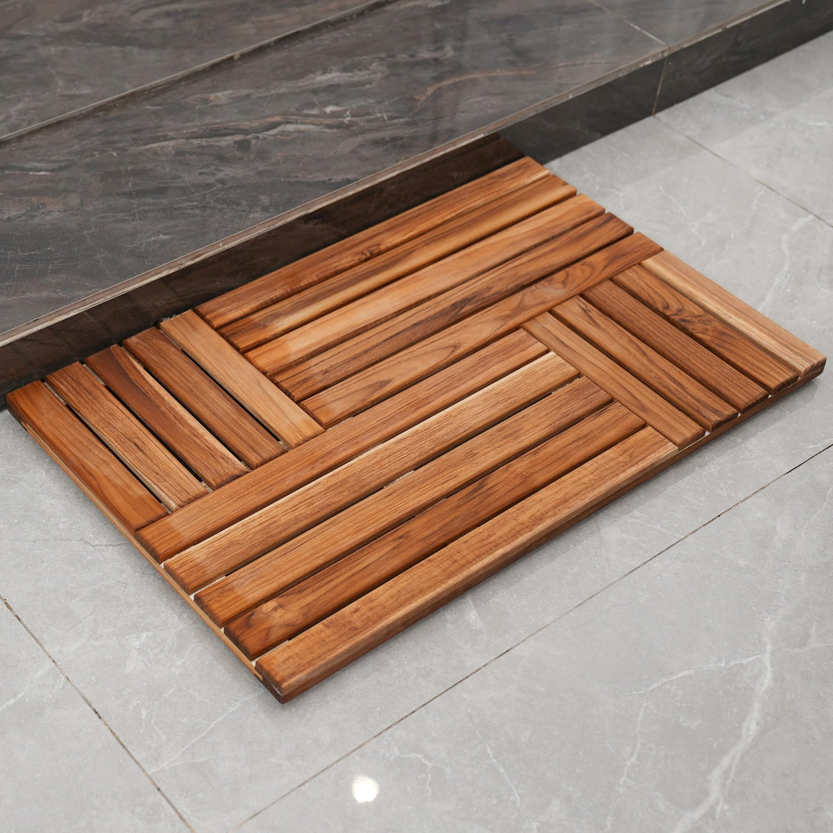 Utoplike teak bath mat indoor and outdoor use for versatility.