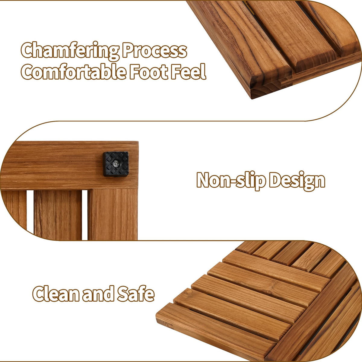 Utoplike teak bath mat water drainage keeps feet dry after showers.