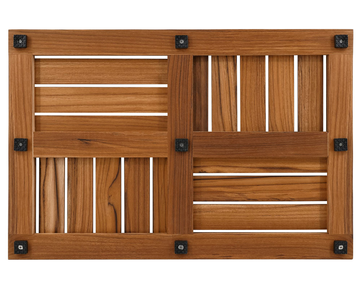 Utoplike teak bath mat being wiped with cloth shows low maintenance care