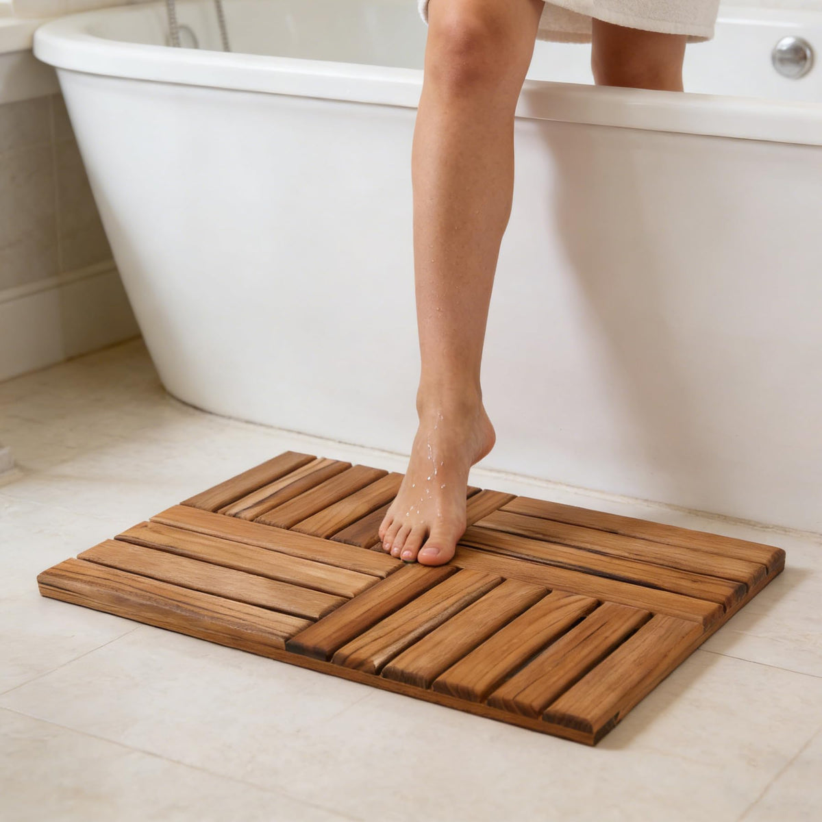 Utoplike teak bath mat placed on bathroom floor is easy to wipe clean