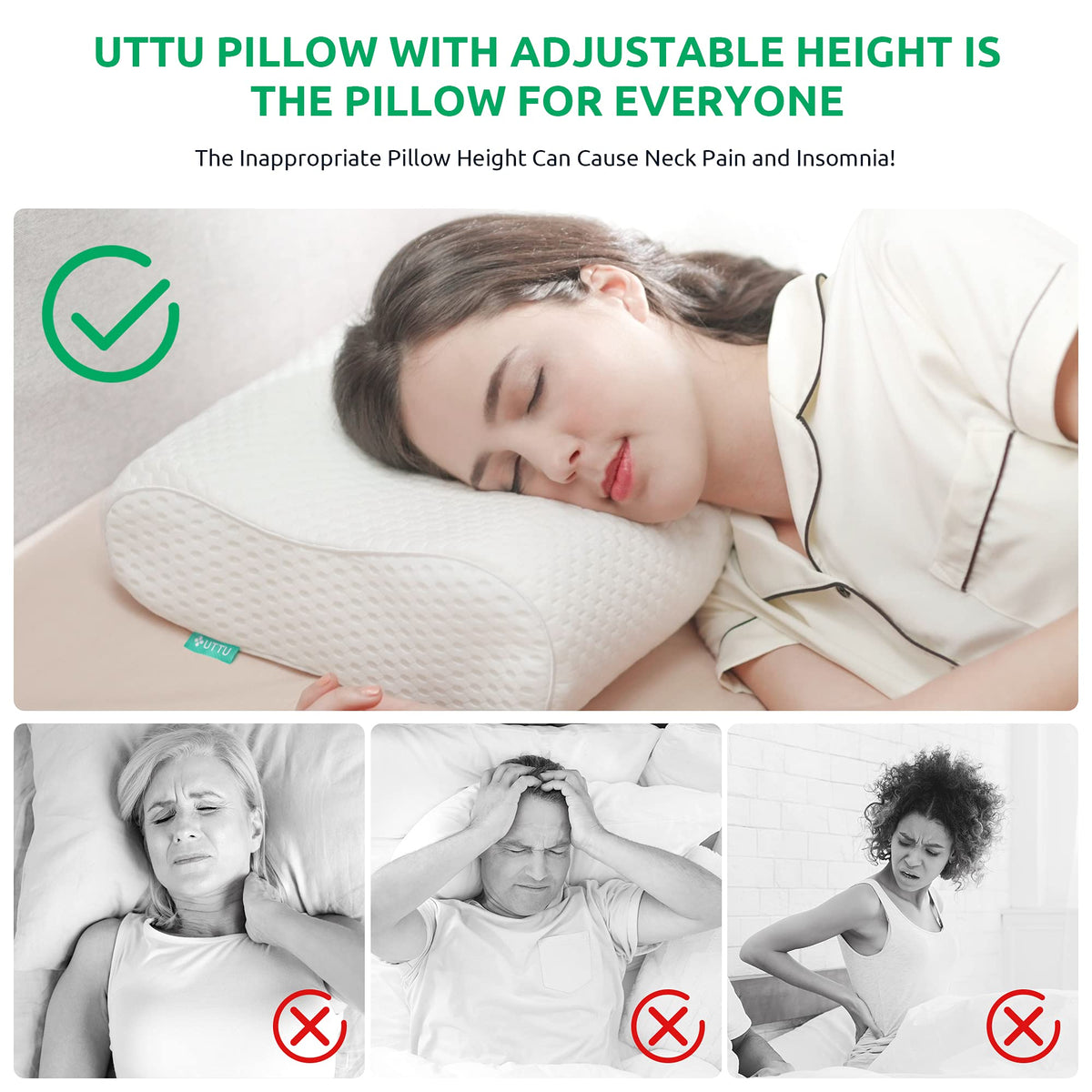 UTTU Cervical Pillow adjustable loft adapts to your sleeping position.