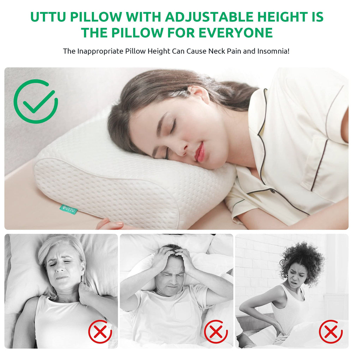 UTTU cervical pillow back view shows memory foam conforming to neck curves.