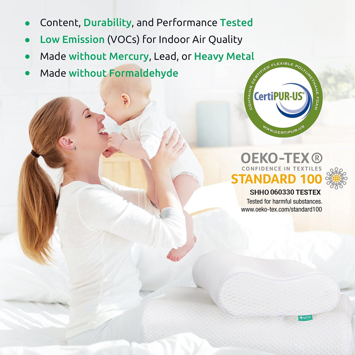 UTTU cervical pillow dimensions illustration clarifies queen size fit.