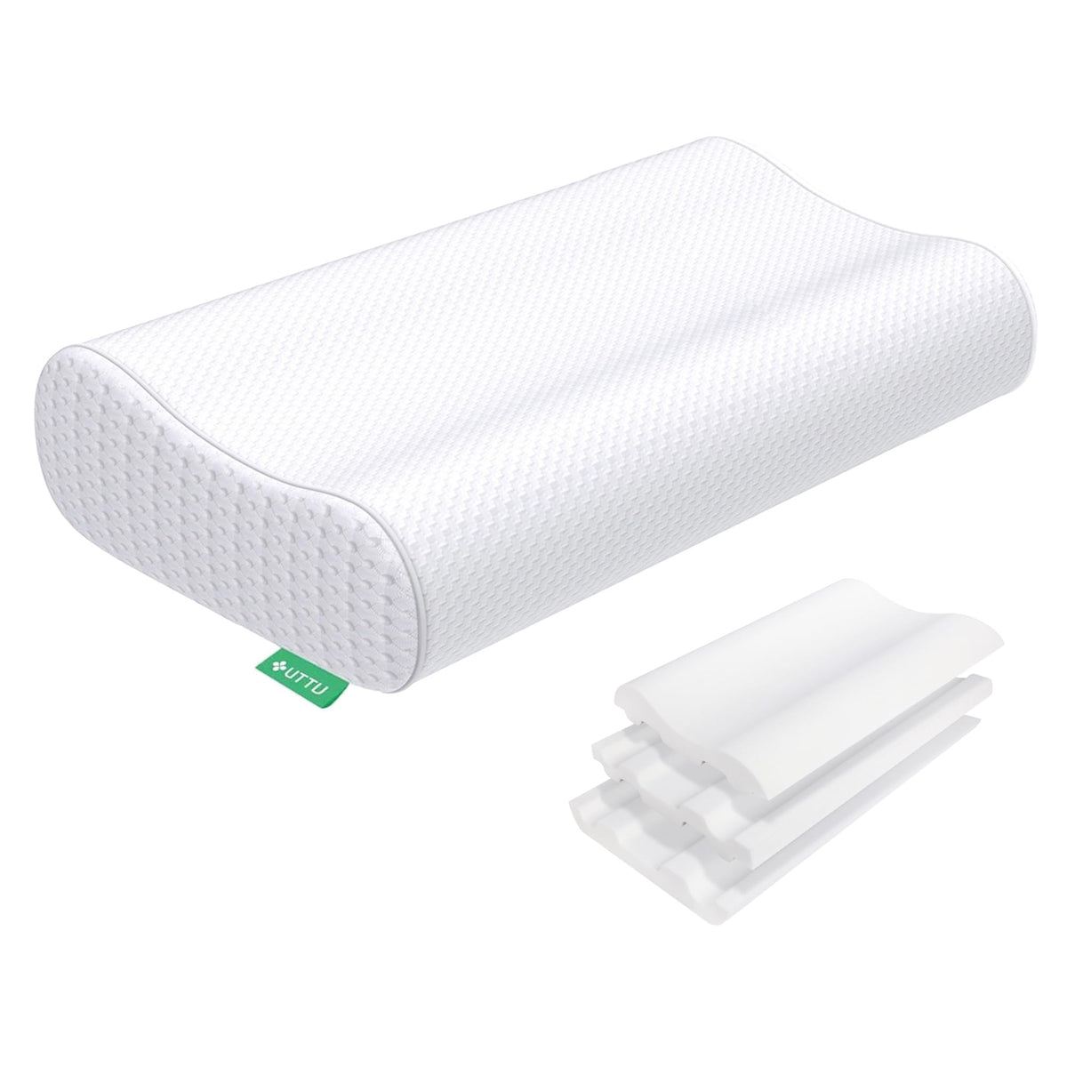 UTTU cervical pillow side view highlights ergonomic contour for targeted neck support.