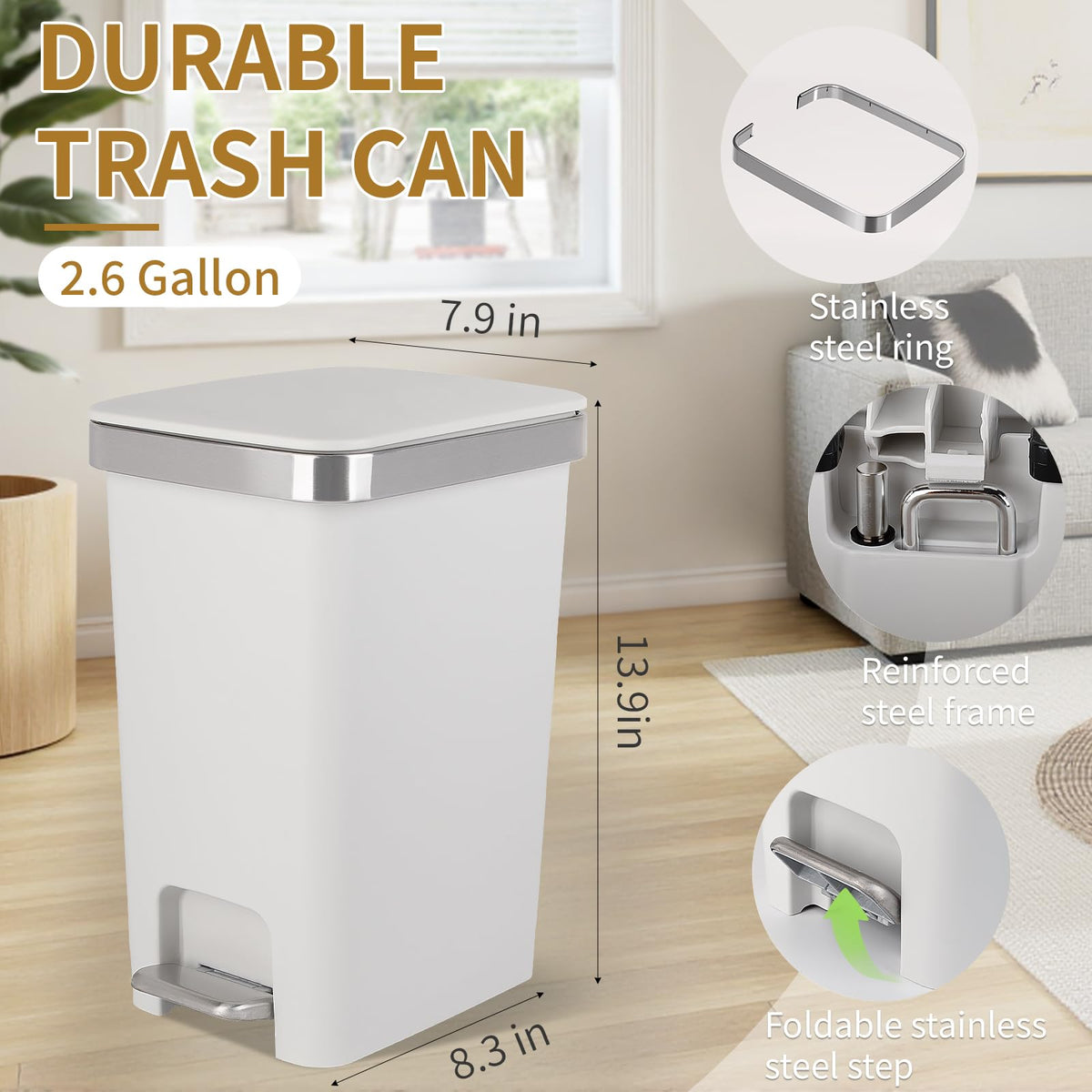 UUJOLY compact 2.6-gallon bin ideal for tight spaces and bathrooms.