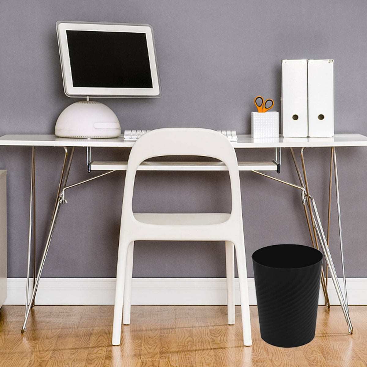 UUJOLY office desk trash bin, round shape fits cramped workspaces.
