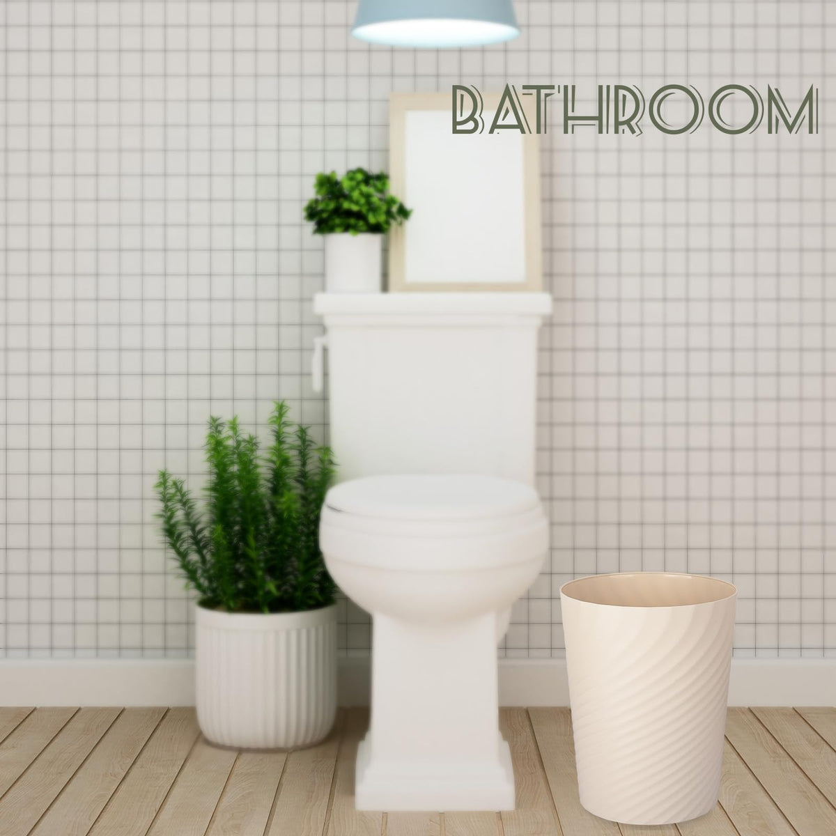 UUJOLY beige trash can front view highlighting round shape for tight areas