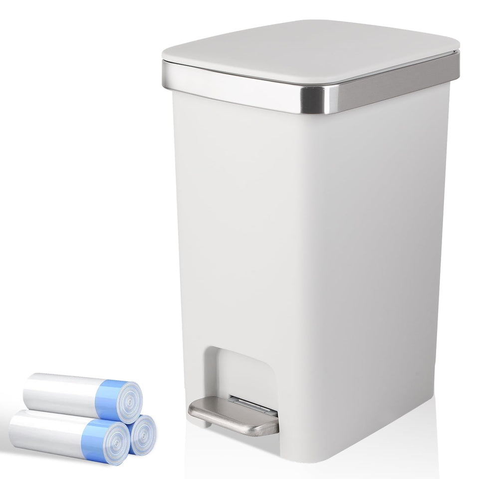 UUJOLY small trash can with lid and pedal for hands-free waste disposal.