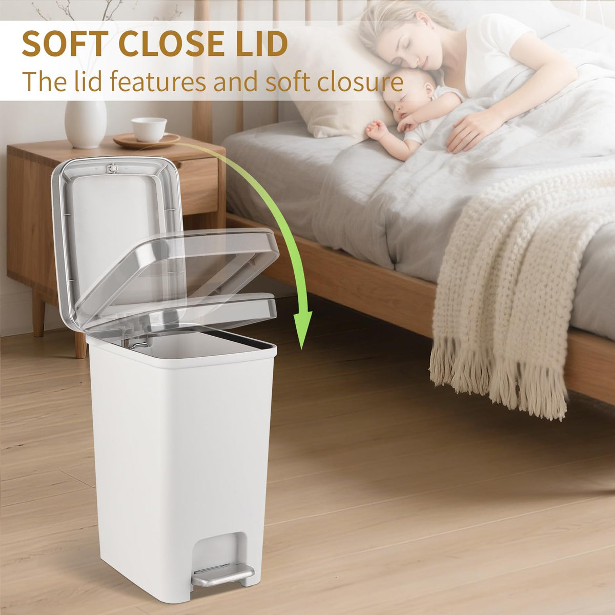 UUJOLY soft-close lid minimizes noise during disposal.