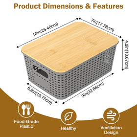 Uvellgift stackable baskets bamboo lid closeup highlighting durable lids for neat containment.