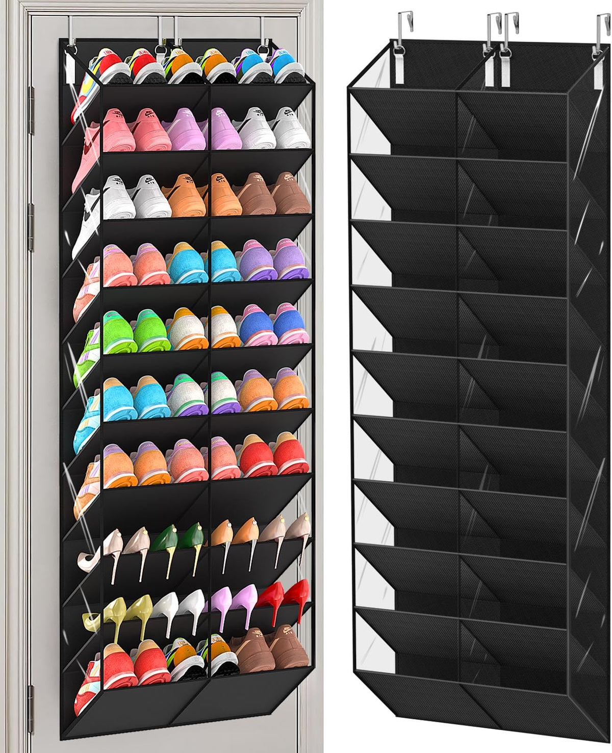 UVIAHOMI over-the-door shoe organizer with 10-tier pockets reduces clutter.