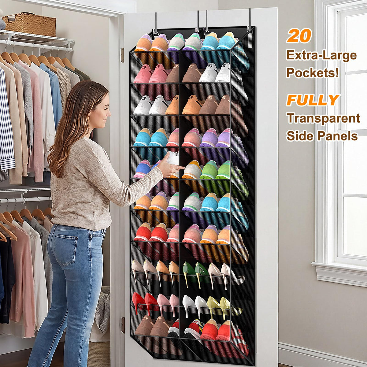 UVIAHOMI wide 20-pocket storage for sneakers, boots, heels, and kids' shoes neatly