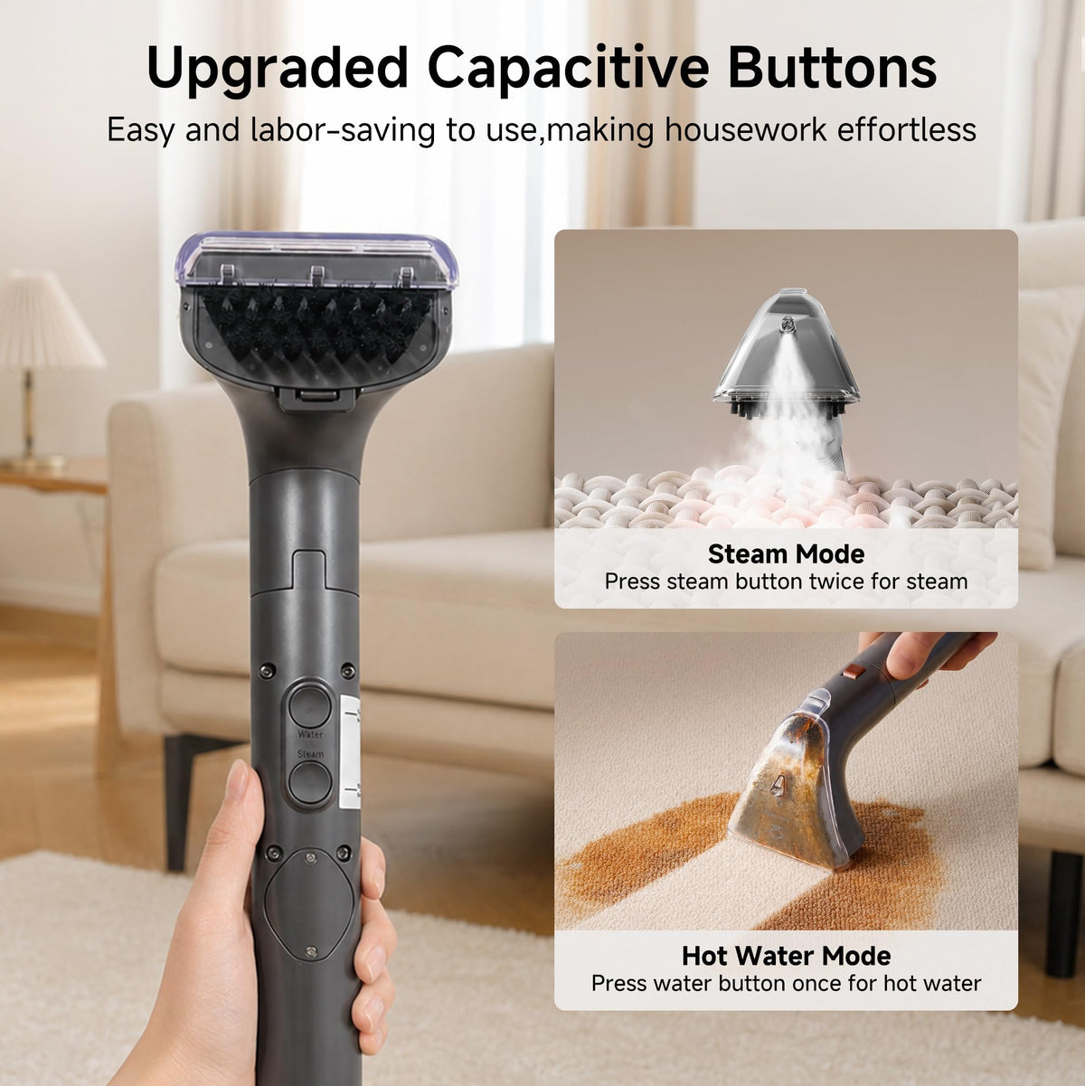 Uwant B400 2in1 steam brush heads reach crevices and upholstery.