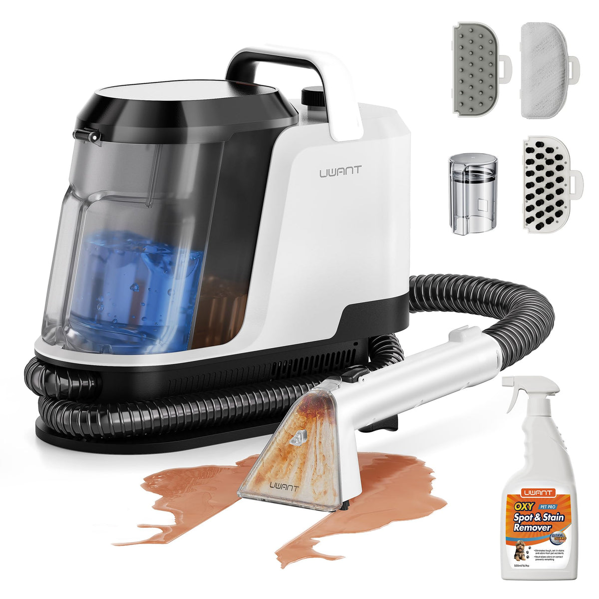 Uwant portable carpet and upholstery cleaner with 18KPa suction power.