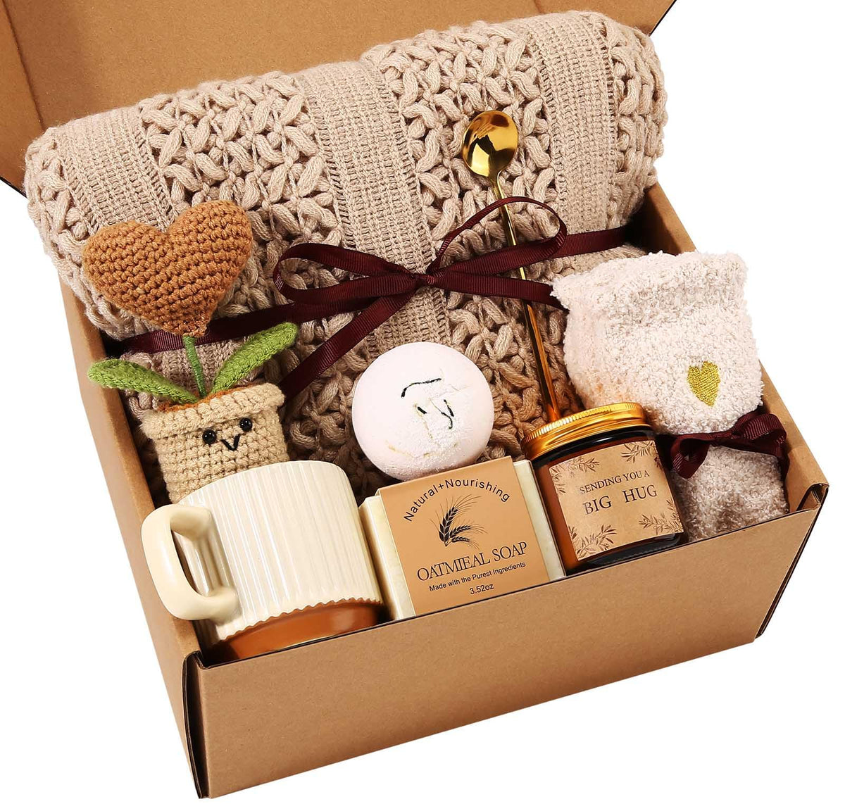 Uwingess Get Well Basket blanket—khaki knit throw for comforting warmth.
