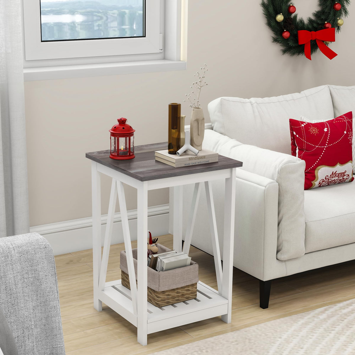 UYIHOME Farmhouse square end table with oak-grey top, sturdy surface for living room essentials.