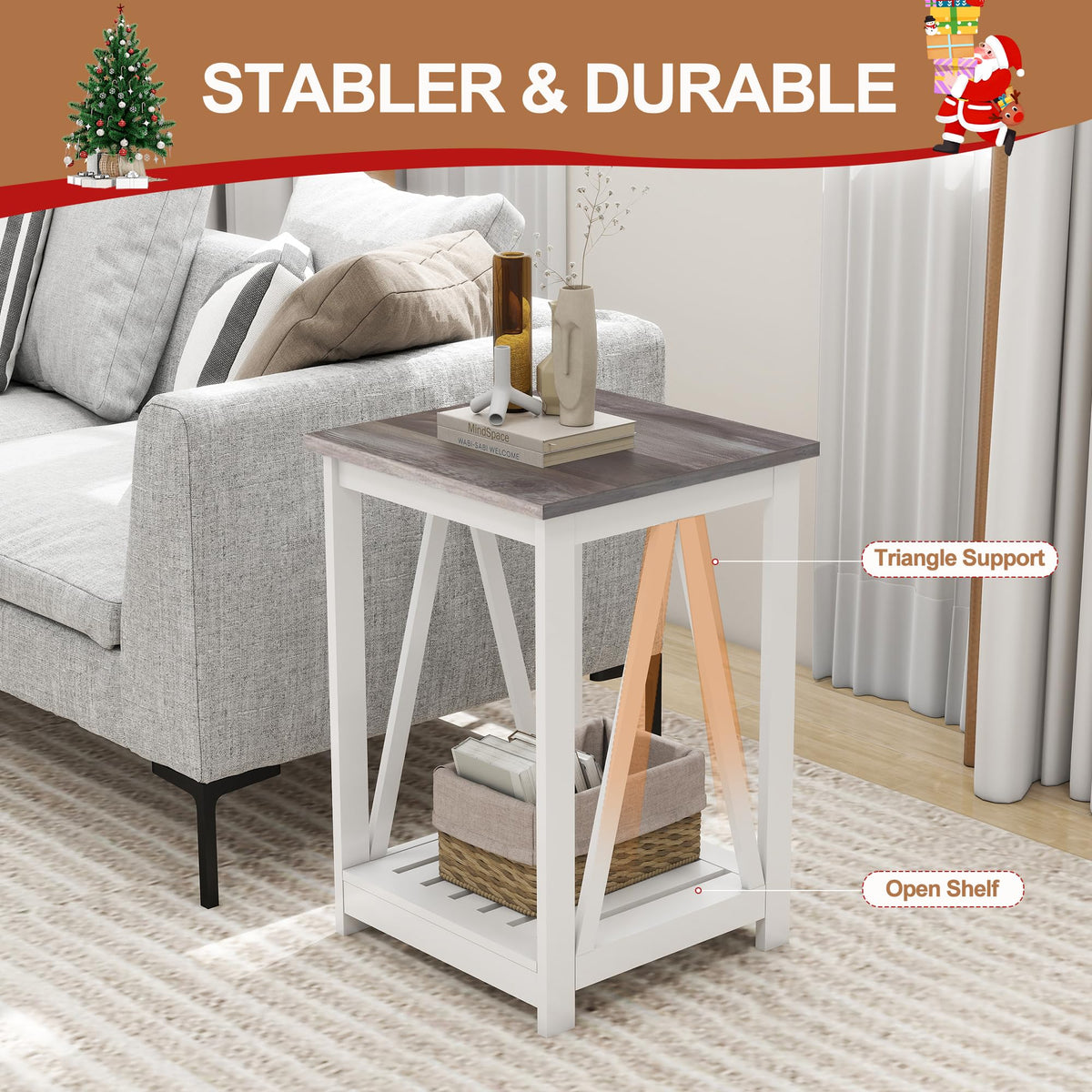 UYIHOME square end table white with V-shaped legs, adds rustic charm.