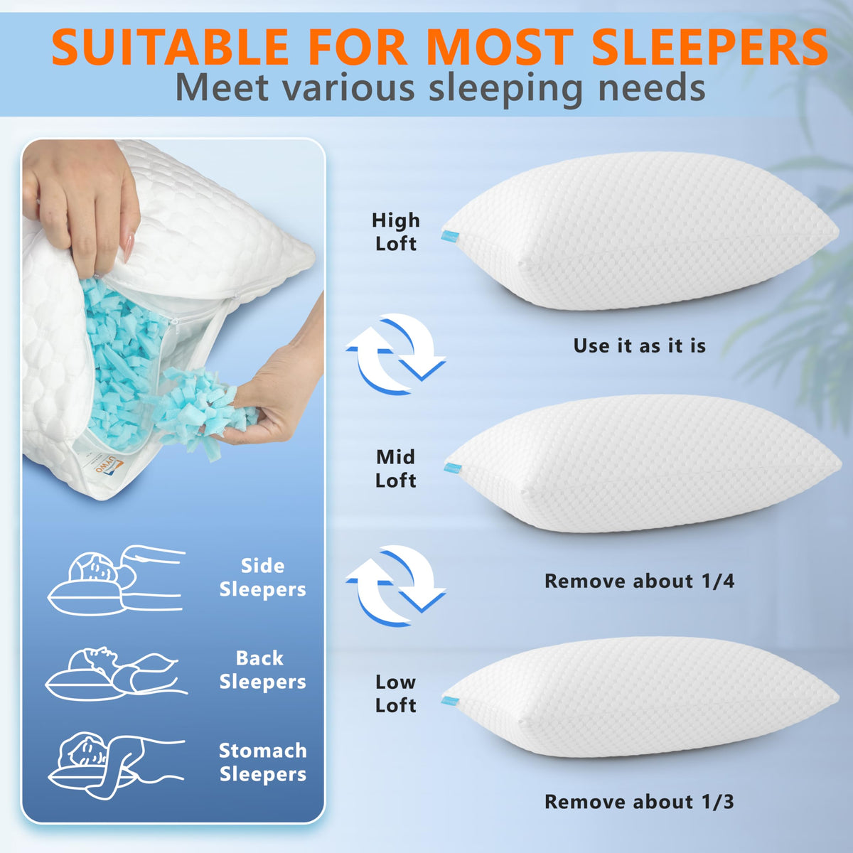 UYWO Cooling Pillows on bed illustrate versatile sleeping positions for hot sleepers.
