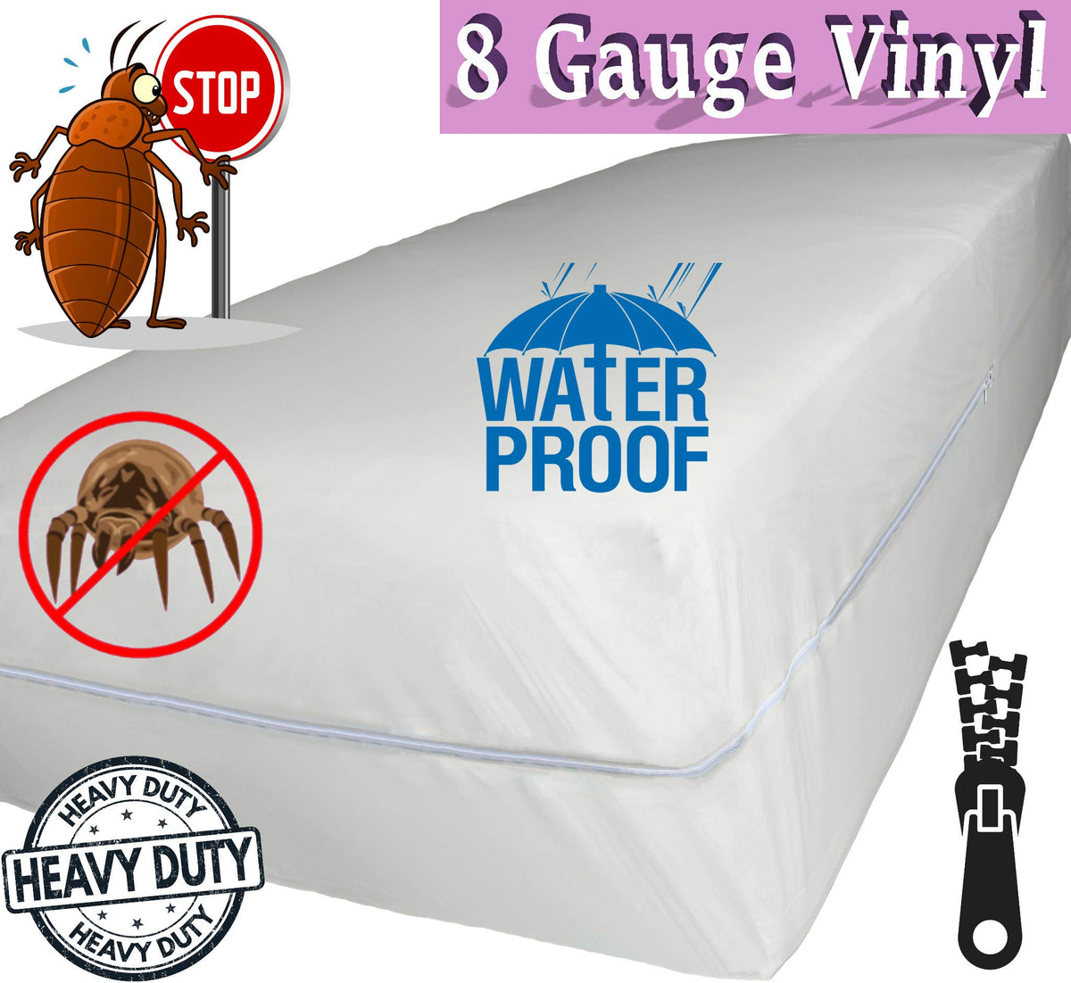 V zippered waterproof twin mattress cover with rust-proof secure zipper.