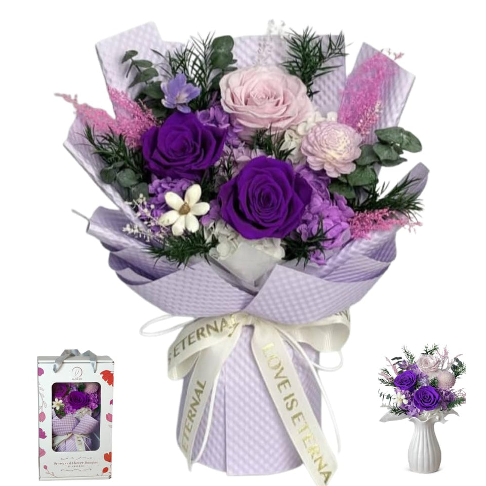 Vaanshie preserved roses bouquet with vase, ready for Mother's Day display