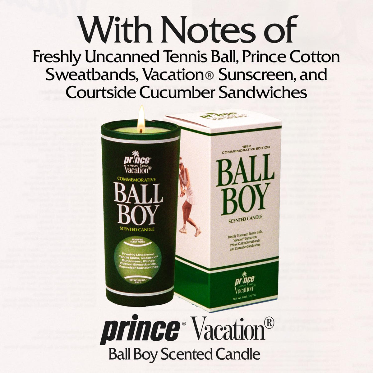 Vacation Ball Boy tennis candle label detail showcasing premium packaging