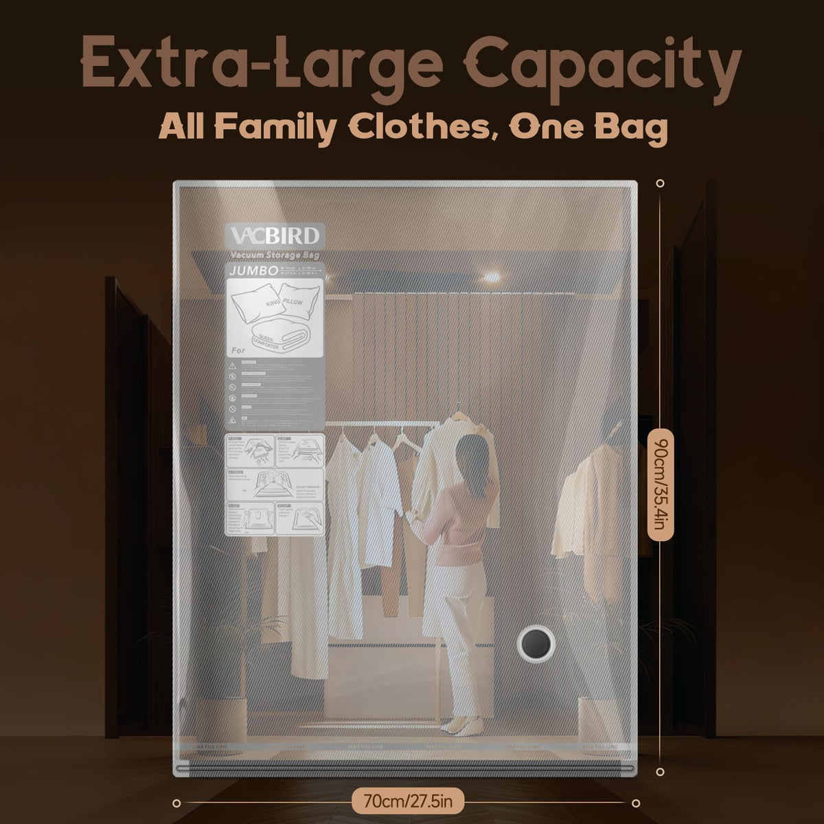 Vacbird 15 jumbo bags size 27.5 by 35.4 inches in use.