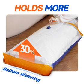 Vacbird 21-pack vacuum bags showing versatile sizes for clothing and blankets