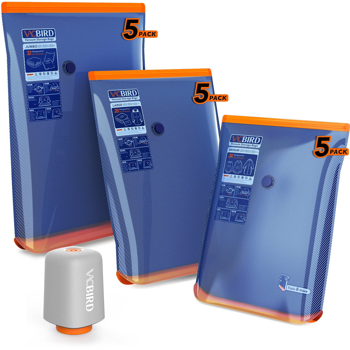 Vacbird cordless pump in action for quick vacuum sealing and easy packing