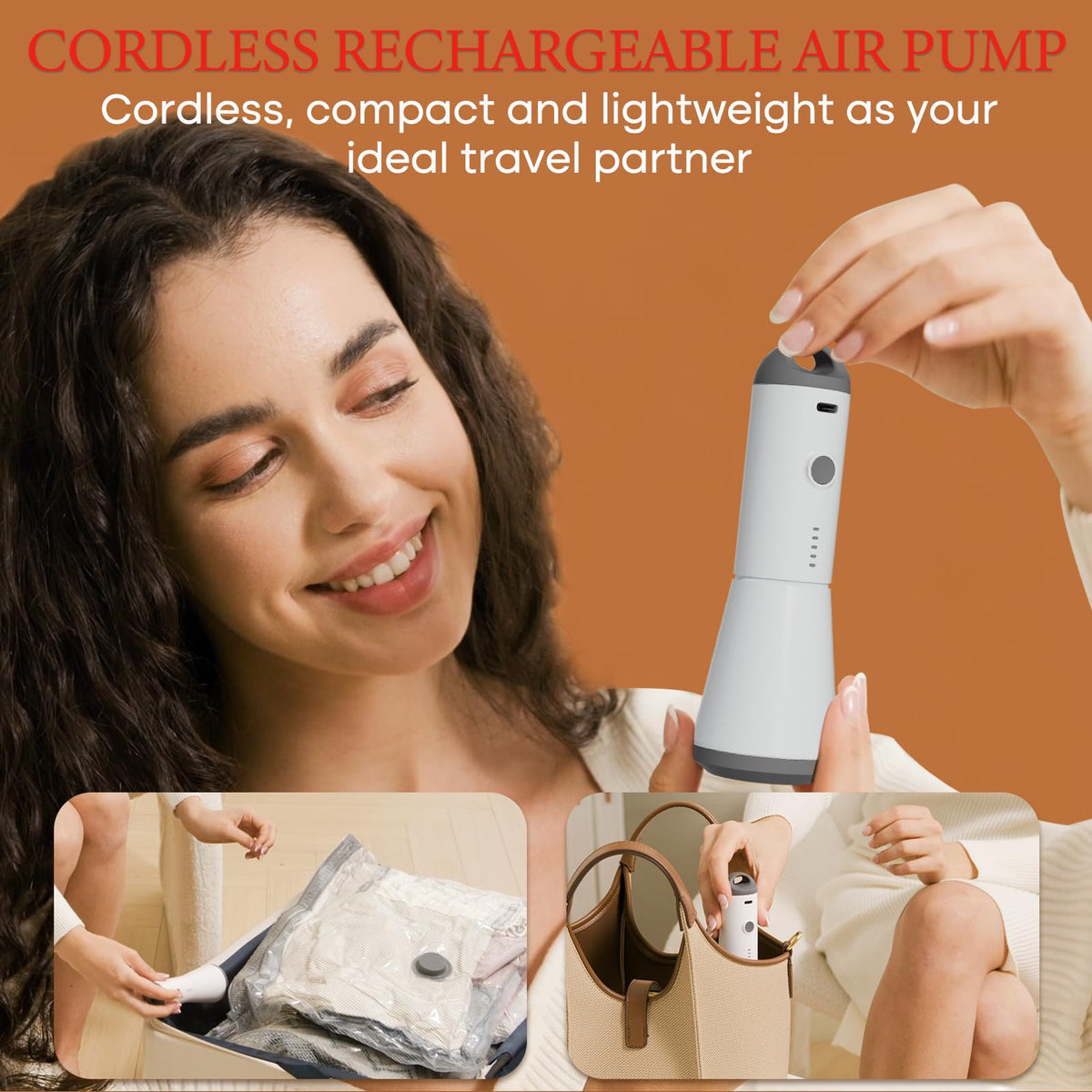 Vacbird cordless pump in use seals bags quickly for travel.