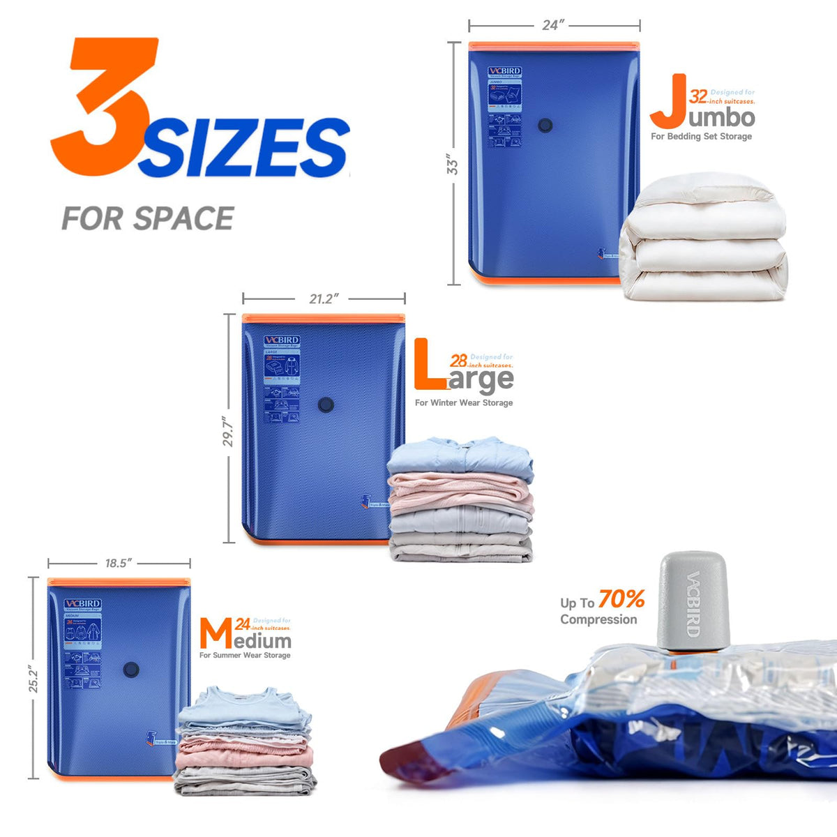 Vacbird jumbo vacuum bag designed for blankets and travel gear