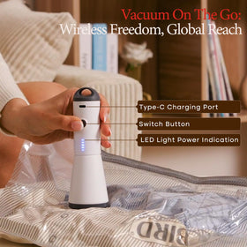 Vacbird rechargeable pump with compact cordless design for easy travel.