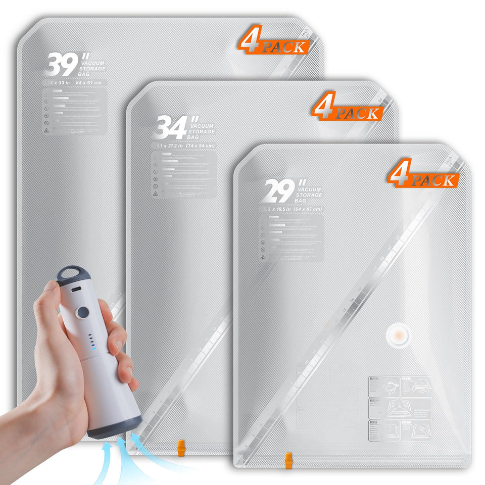 Vacbird rechargeable cordless pump in action for fast bag compression.
