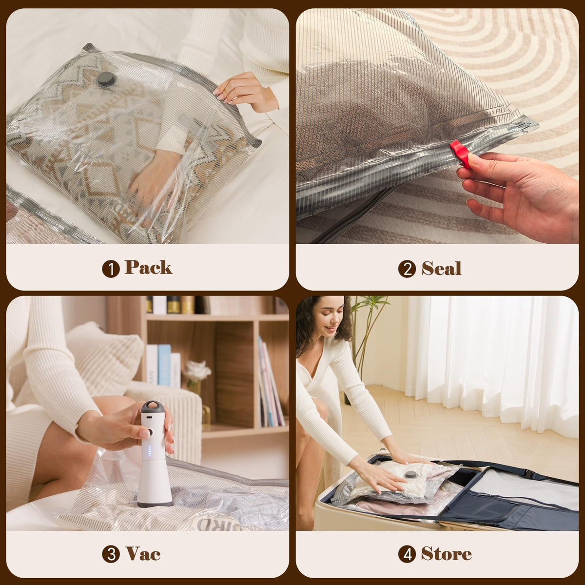Vacbird semi-transparent vacuum bags display contents for quick identification.