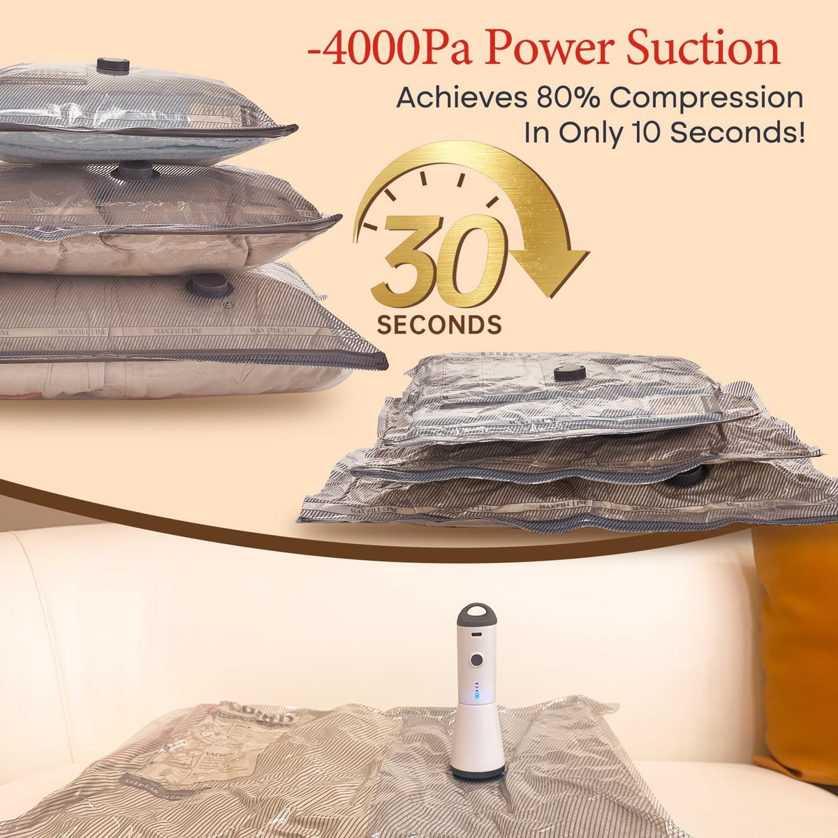 Vacbird vacuum bags in three sizes arranged for versatile packing.