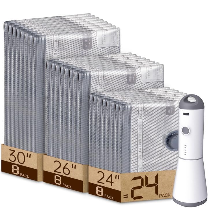 Vacbird vacuum bags with pump set for travel showing complete 24-piece kit and sizes.