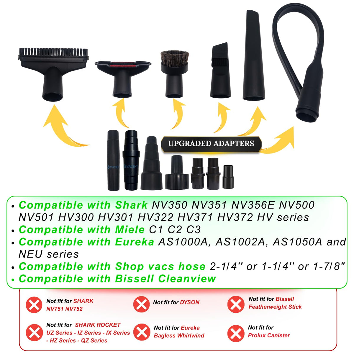 VACEXT flexible crevice tool reaches tight corners around furniture and car interiors.