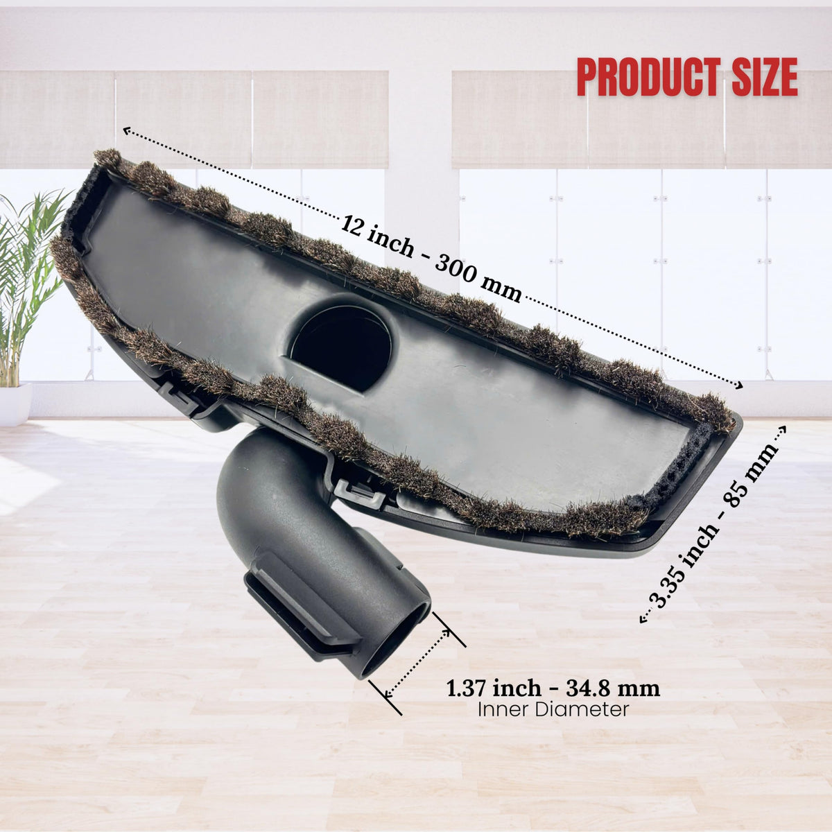 VACEXT 12-inch brush head gently captures dust on wood surfaces.