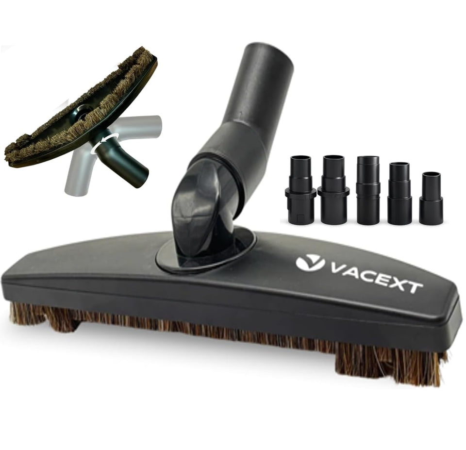 VACEXT horsehair hardfloor attachment shows soft bristles for scratch-free cleaning on wood and tile.