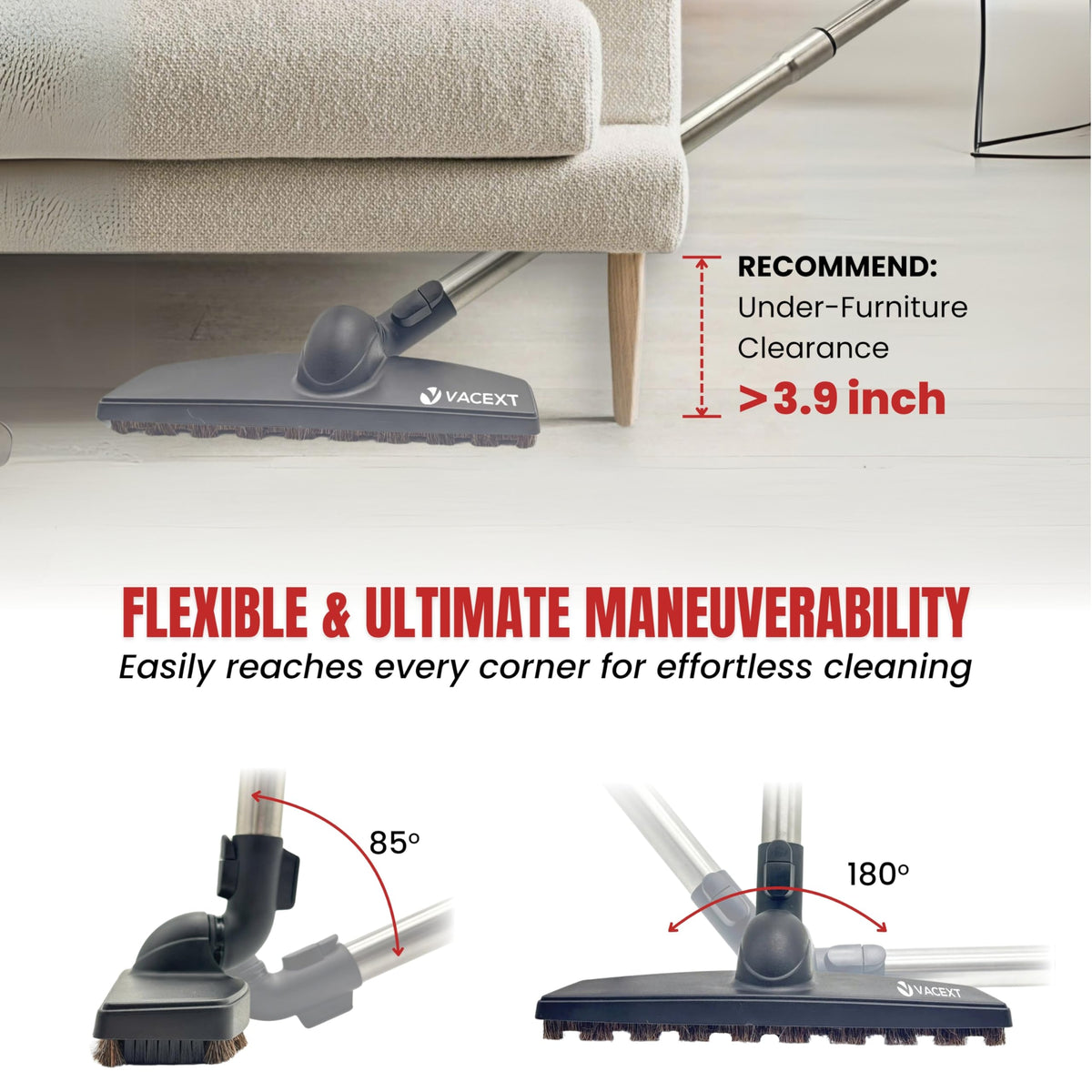 VACEXT soft horsehair bristles lift fine dust without scratching surfaces.