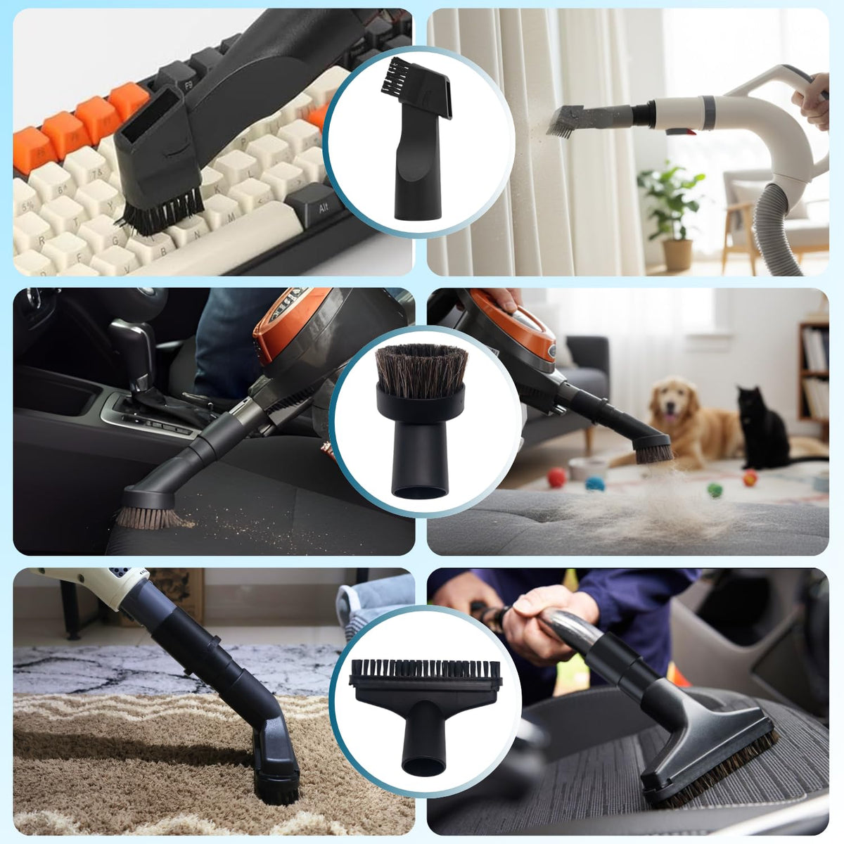 VACEXT swivel-head removes pet hair from sofa and car seats.