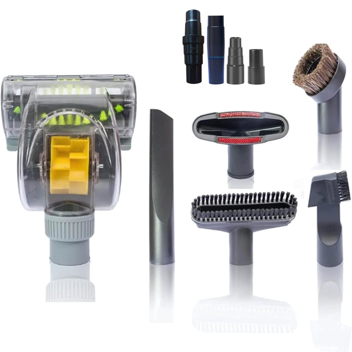 VACEXT turbo brush cleans upholstery and removes pet hair.