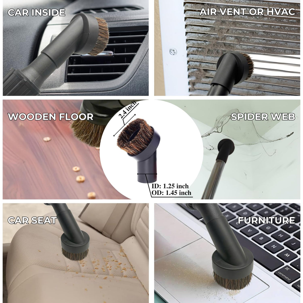 VACEXT utility nozzle with removable brush for versatile shelf and gap cleaning.