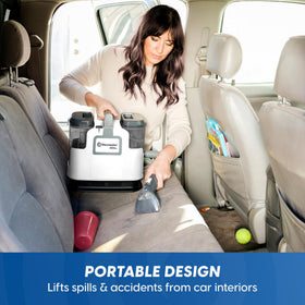 Two-in-one stain tool offers versatile spot cleaning on multiple surfaces.