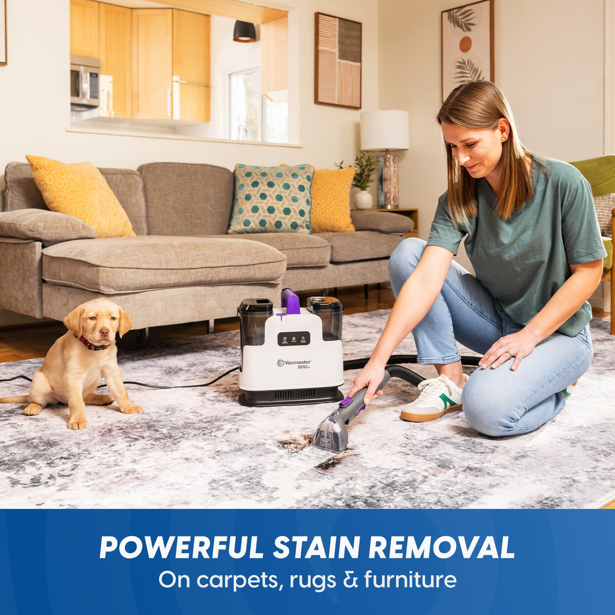 Vacmaster 500 Series 2-in-1 tough stain tool in use for stubborn spots.