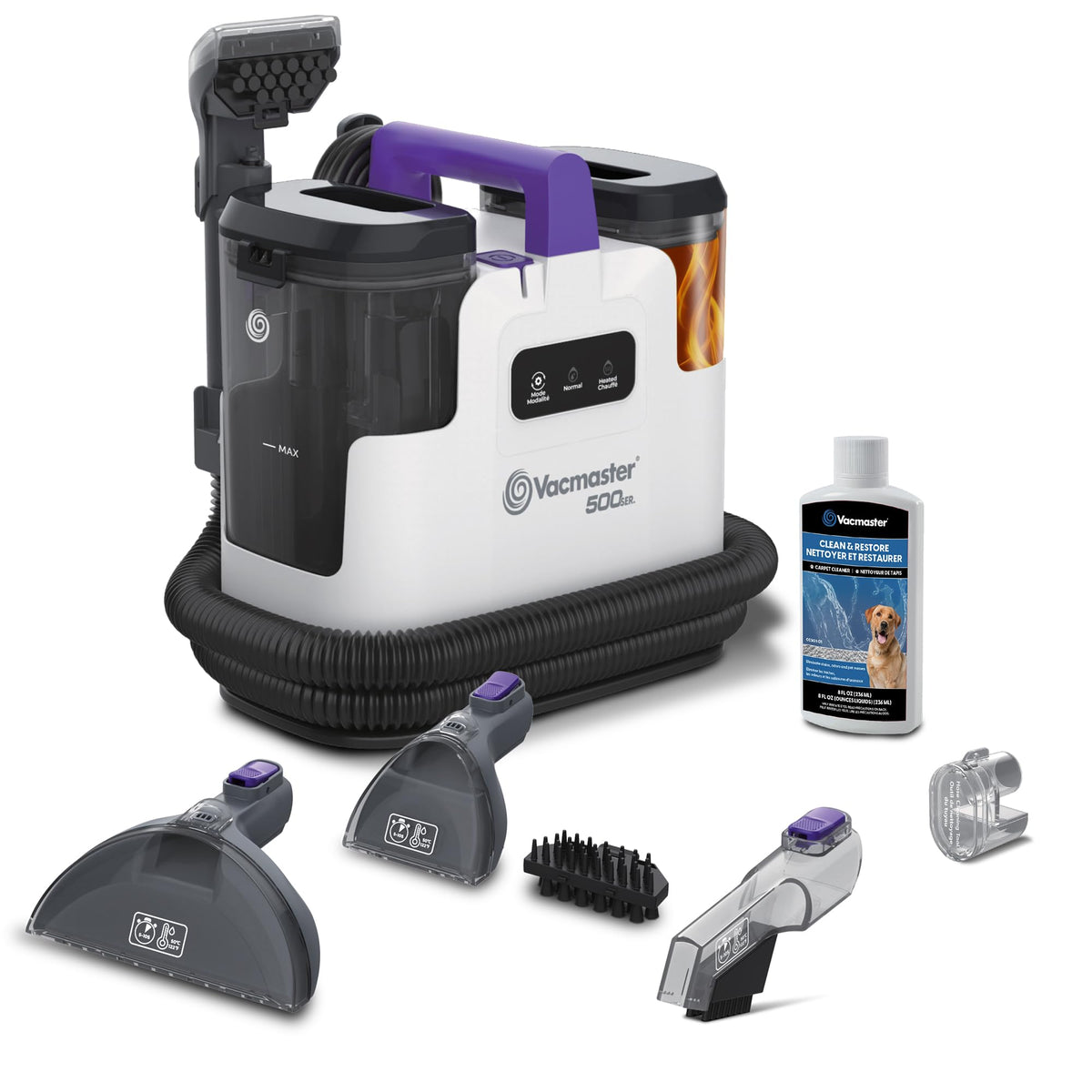 Vacmaster 500 Series heated cleaner front view, compact for easy storage and quick spot cleaning.