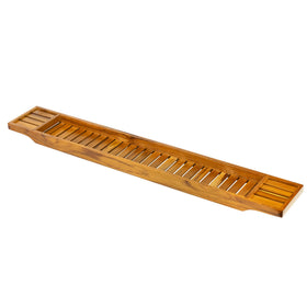 VaeFae teak bathtub tray in assembly with a book and wine glass within reach.
